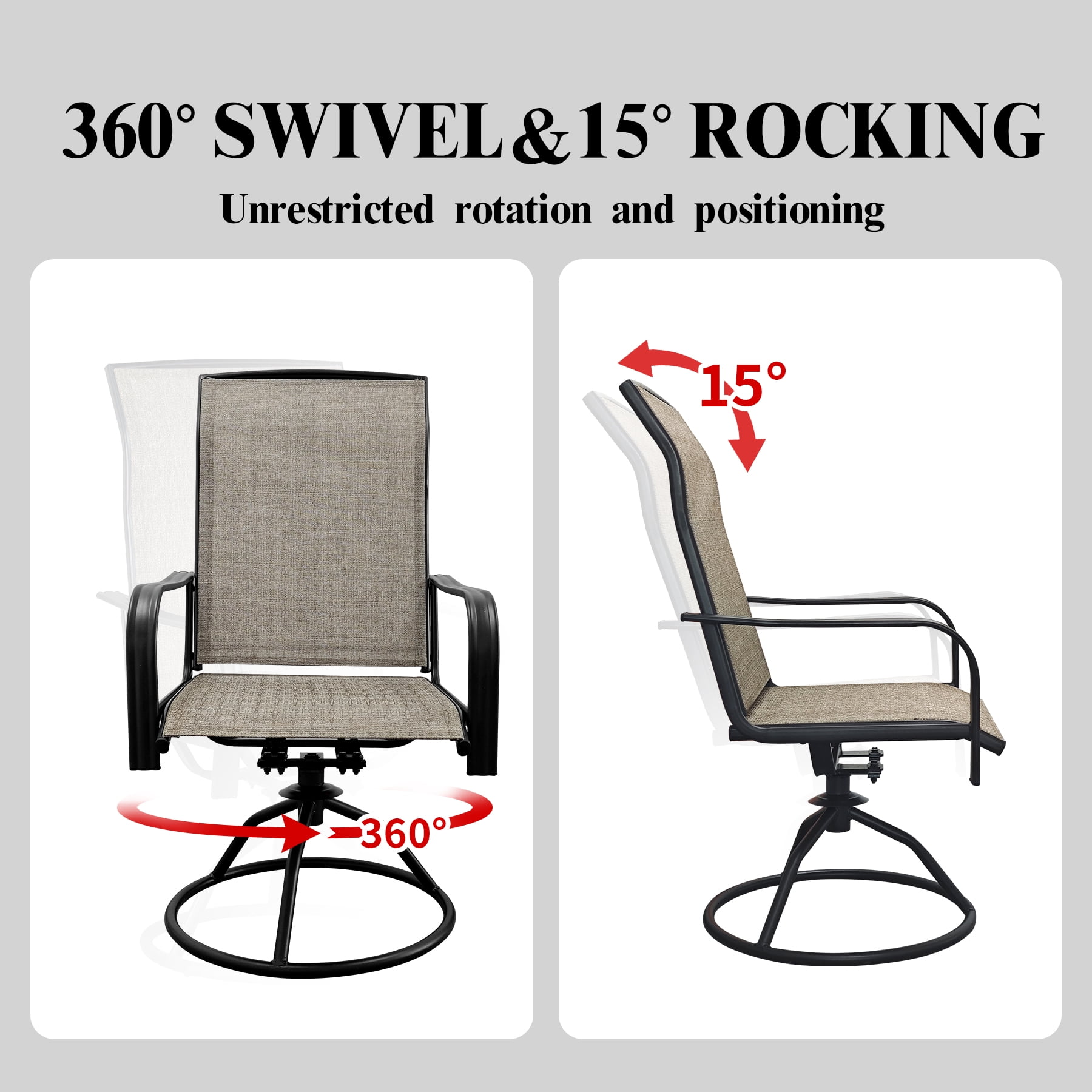 Set of 2 Patio Swivel Dining Chairs: 360° Rotating & 15° Rocking Motion, Ergonomic High-Back with All-Weather Textilene Fabric & Iron Frame for Backyard, Poolside, Porch & Garden