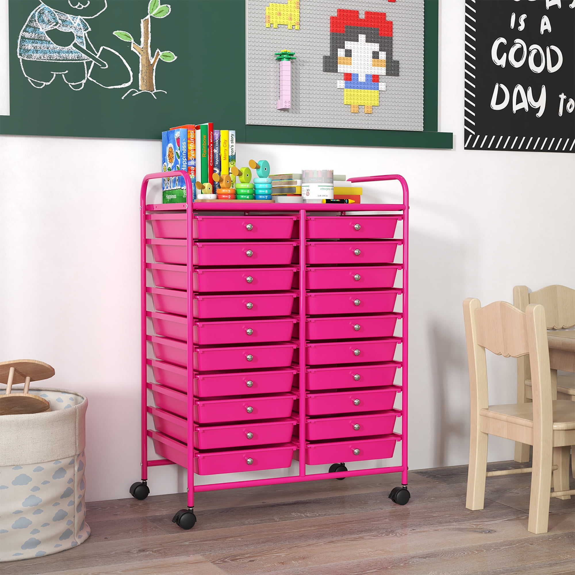 Gymax Rolling Storage Cart Art Craft Organizer on Wheels Multipurpose 20 Drawers Hot Pink