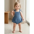 thumbnail image 5 of BemeyourBBs Newborn Baby Girl Denim Overalls Bubble Romper Western Baby Girl Cowgirl Outfit Cute Baby Girls Summer Clothes Ruffled Back Bow Sleeveless Backless Jean Bodysuit Playsuit Jumpsuit, 5 of 9