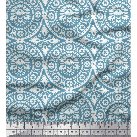 Soimoi Blue Silk Fabric Damask Floral Print Fabric by Yard 44 Inch Wide