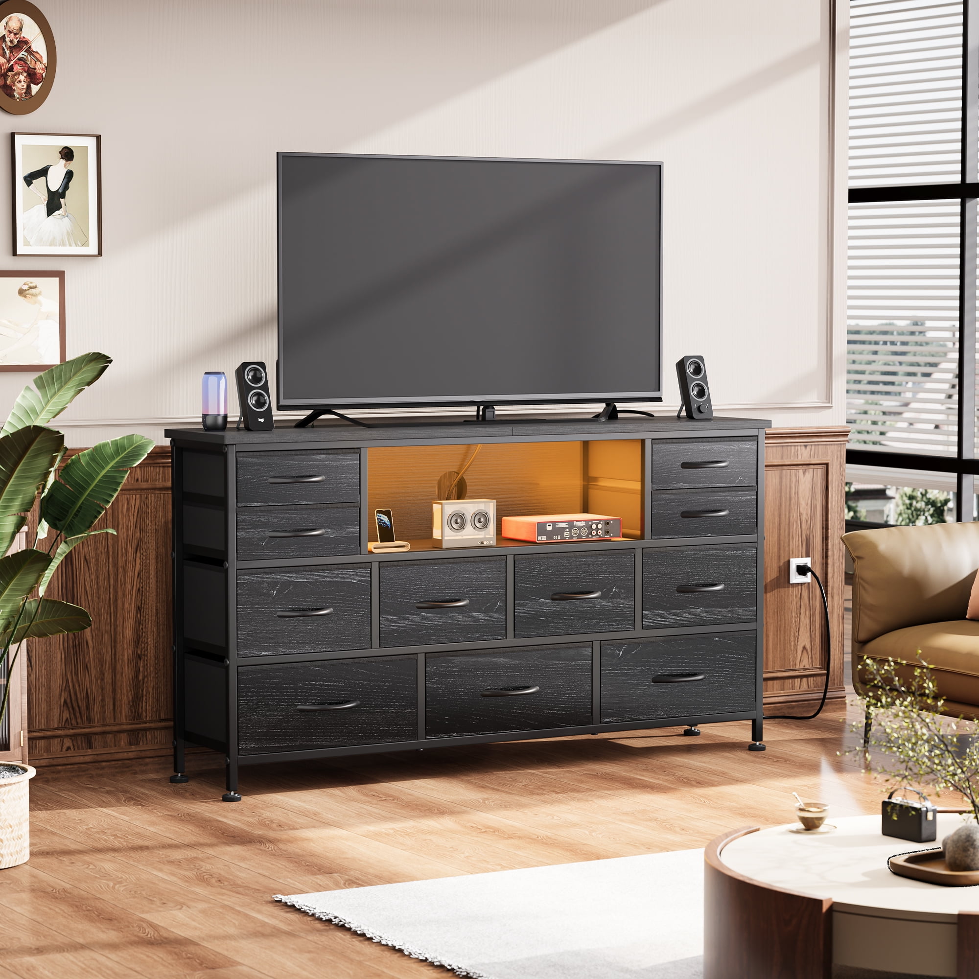 GIKPAL Dresser for Bedroom with LED Lights, Black Dresser TV Stands for 55 60 inch TV with 11 Drawers and Power Outlets, Fabric Chest of Drawers for Bedroom Furniture, Living Room, Adults, All_age  (图4)