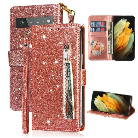 Feishell Compatible with Google Pixel 6 Pro Wallet Case,Glitter Sparkly Bling PU Leather Zipper Pocket with Credit Card Holder Slots Shockproof Magnetic Clasp Folio Flip Stand Phone Case,Rosegold
