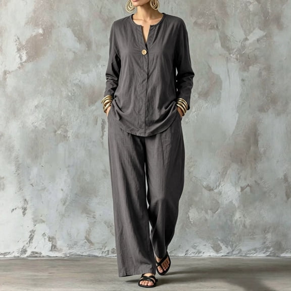 Morttic Women's Loose Solid Color Set – V-Neck Long Sleeve Shirt & Wide Leg Pants with Side Pockets Casual Vacation Outfit Dark Gray,S