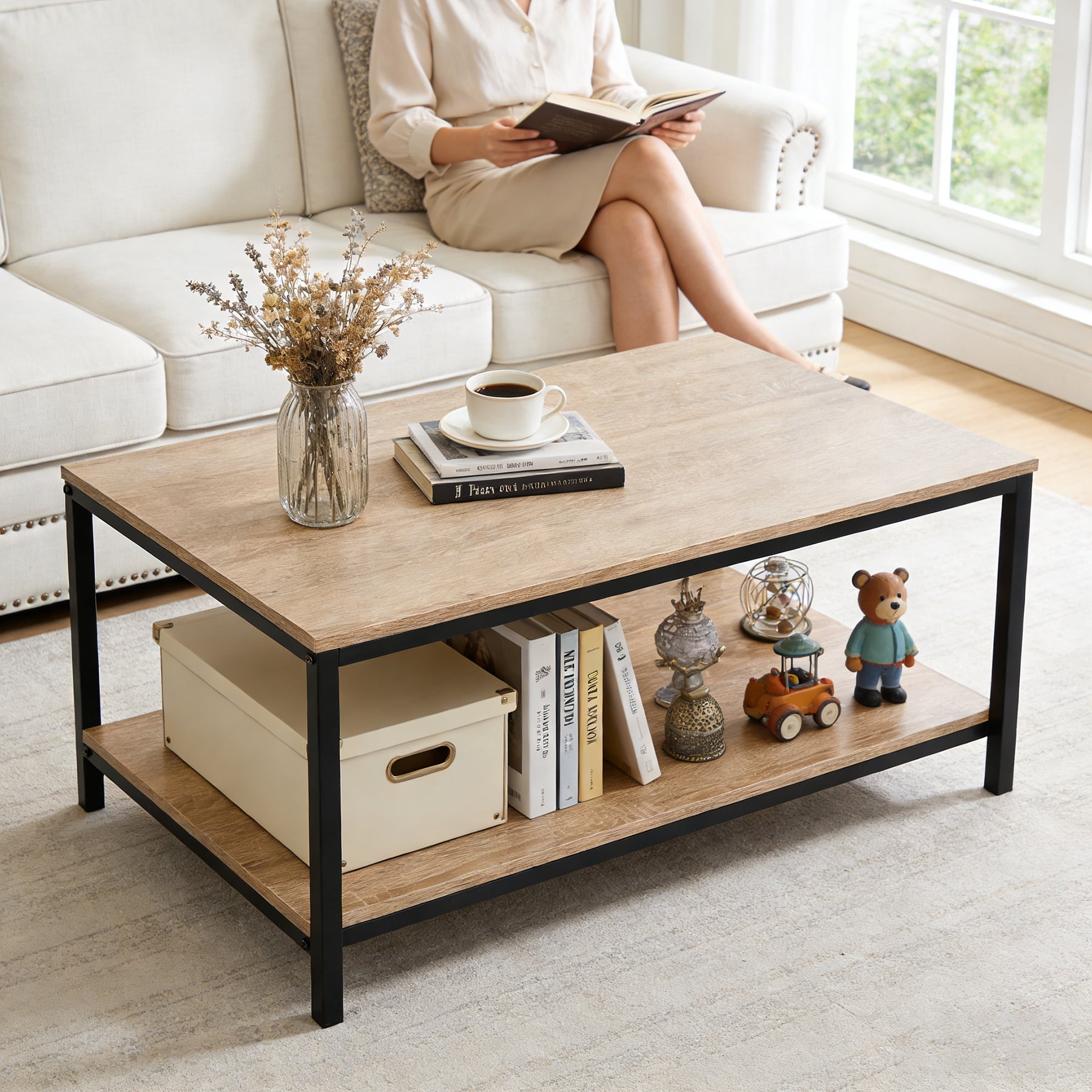 HomGarden Industrial Style Rectangle Wood Coffee Table with Metal