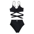 thumbnail image 3 of Sngxgn High Waisted Cutout Ribbed V Cut Bikini Set 2 Piece Swimsuit(Black,M), 3 of 9