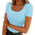 thumbnail image 2 of Vmvidoty Women's Scoop Neck Ribbed Fitted Shirt Basic Short Sleeves Summer T Shirt Tops Light Blue S, 2 of 7