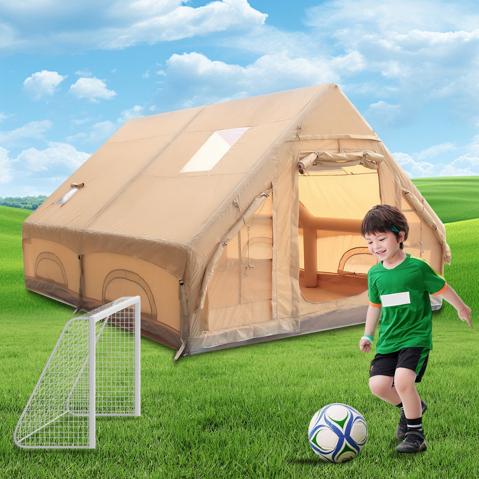 Qiyester Inflatable Camping Tent Waterproof Outdoor Cabin House with Hand Pump Doors Mesh Windows 4 Season 129 sq.ft No Assembly Needed
