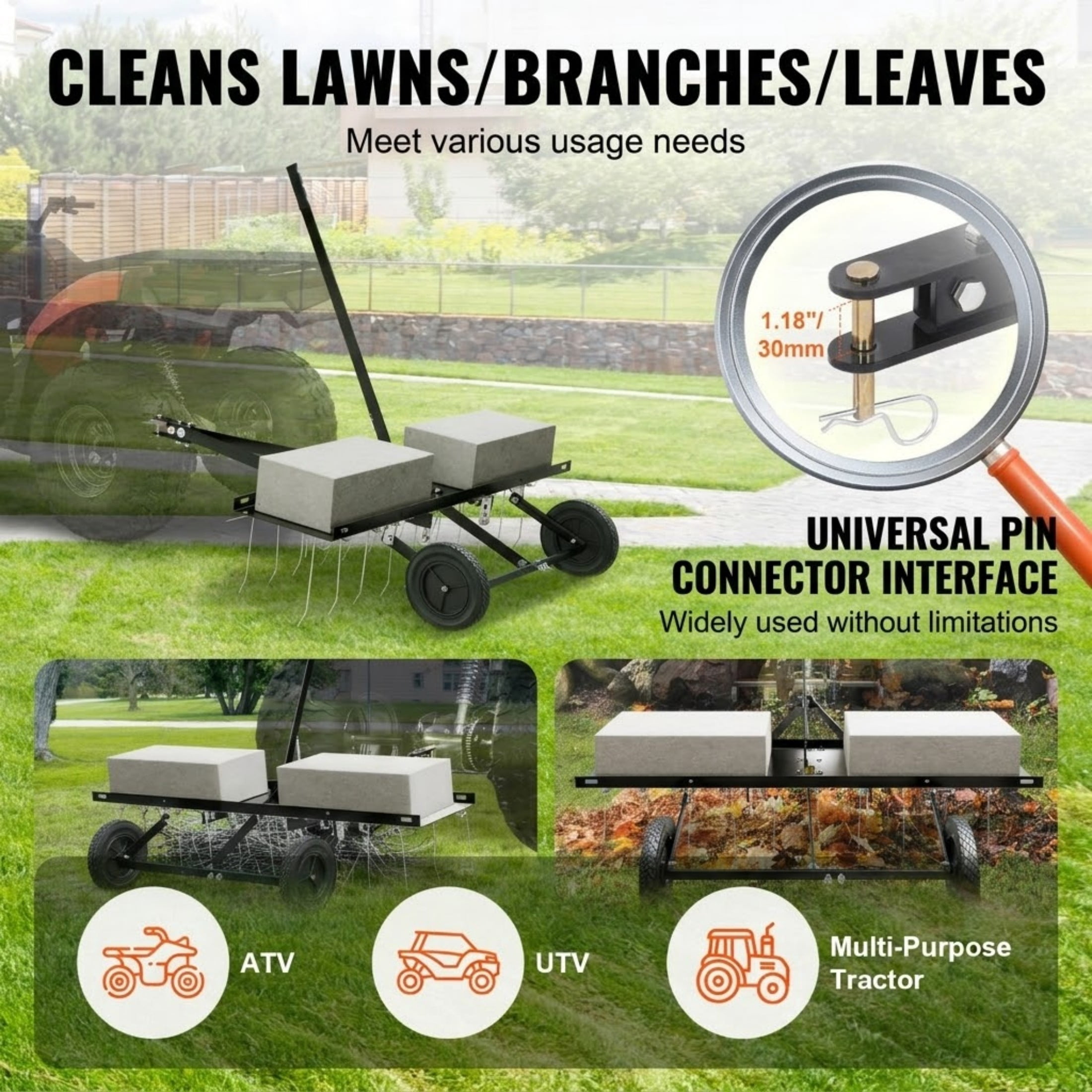 40" Tow-Behind Lawn Dethatcher, 20 Spring Steel Tines Rake with Lift Handle for ATV and Mower