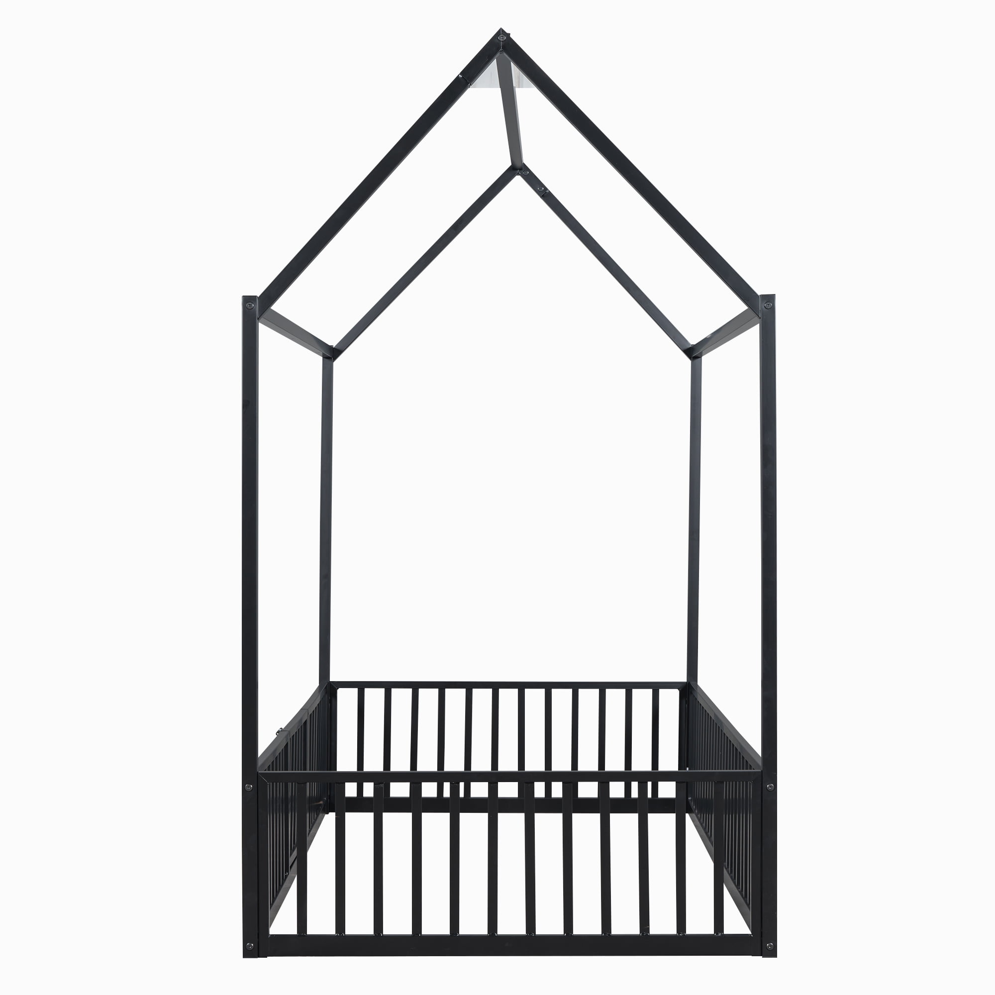 MODERNLUXE Twin Size Platform Bed Frame, House Floor Bed with Fence and Door, Black