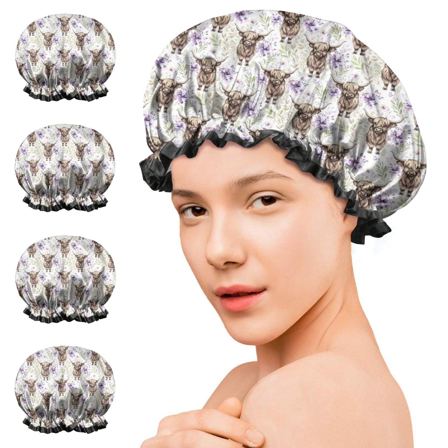 Shower Caps,White Highland Cow Flower Pattern Waterproof Shower Cap for Women 4 Pieces,Double Reusable Hair Cover for Shower PEVA Elastic Stretch Hem