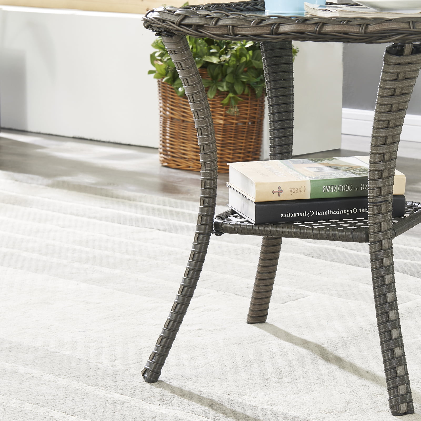 OPOHORO Outdoor Wicker Side Table,22x20x20 inch All Weather Rattan Small Patio Table Square End Table for Pool Balcony Deck Porch Lawn Backyard, Gray