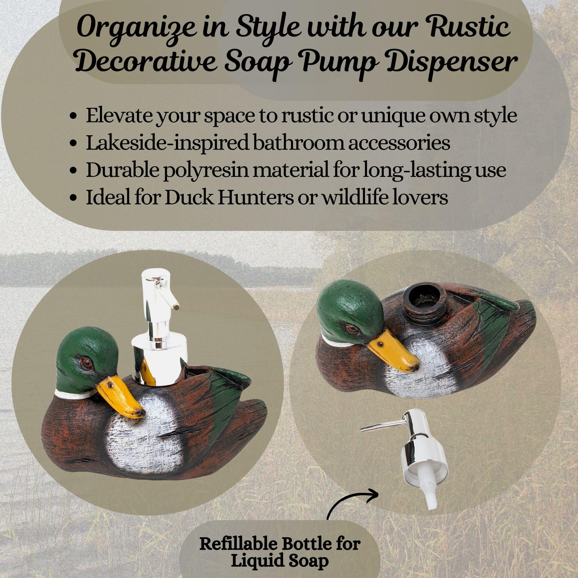 Mallard Duck Countertop Soap Pump Dispenser - Lakeside-Inspired Bathroom Accessories - Ideal for Duck Hunters and Lakehouse Lovers