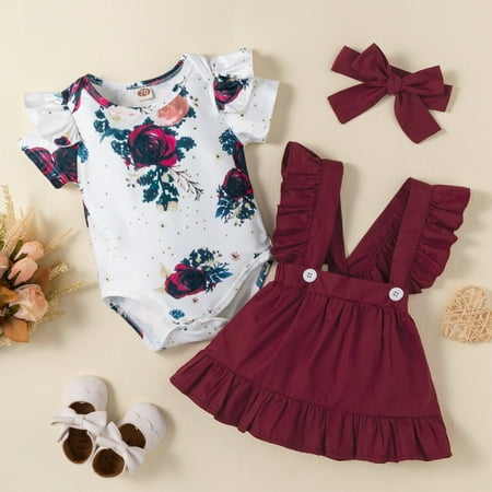 

kpoplk Summer Outfits For Baby Girls Baby Girls Floral Short Sleeve Romper Ruffled Bodysuit Jumpsuit Headband Summer Outfit()