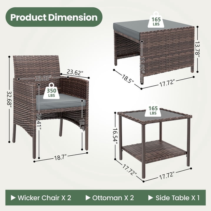 ELPOSUN 5 Piece Patio Furniture Set, Outdoor Patio Conversation Rattan Chair with Ottomans/Storage Coffee Table for Patio, Space Saving Design for Balcony Poolside Front Porch Deck,Brown Rattan, Gray