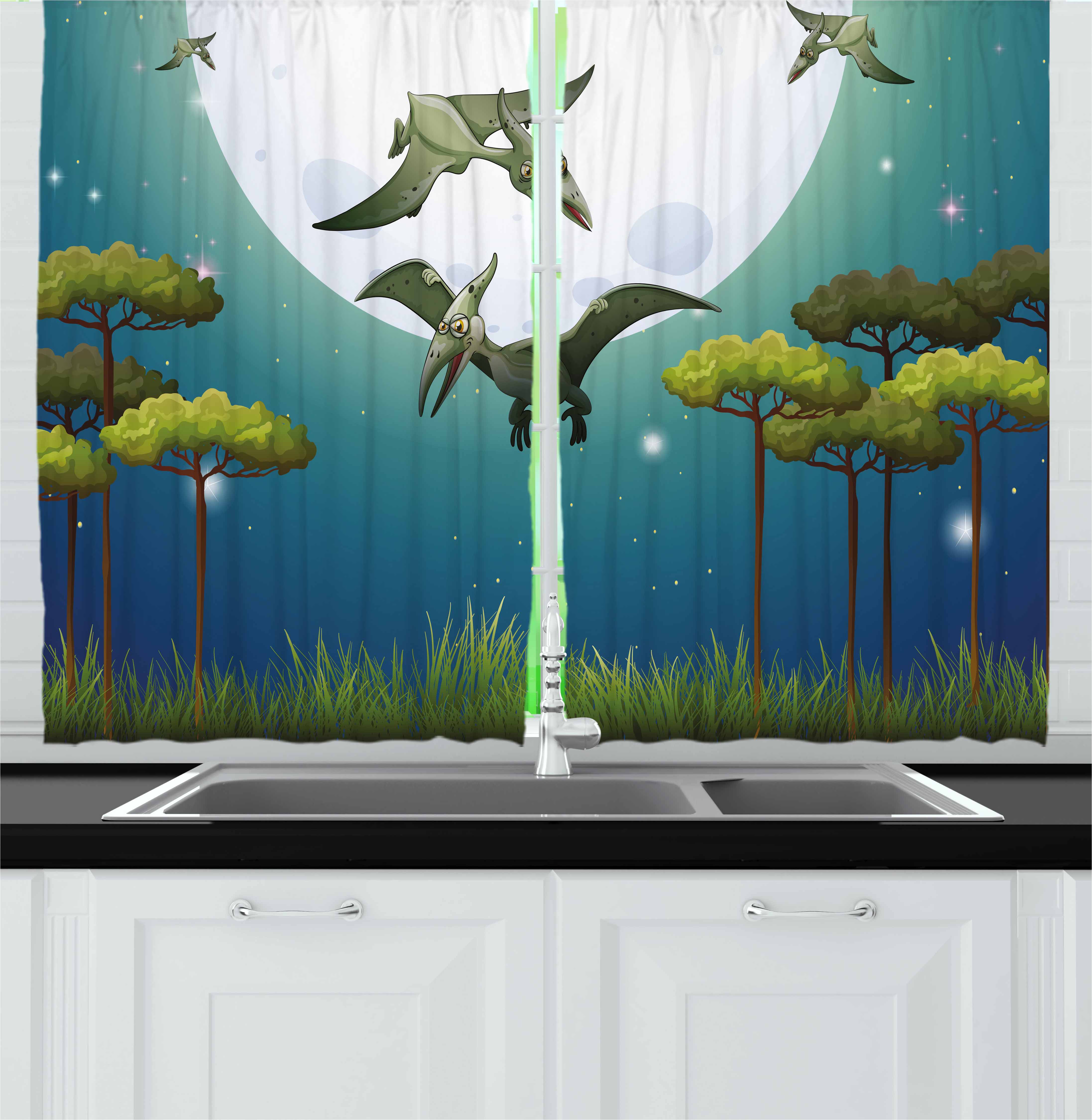 Dinosaur Curtains 2 Panels Set, Cartoon Style Dinosaurs Flying on Full