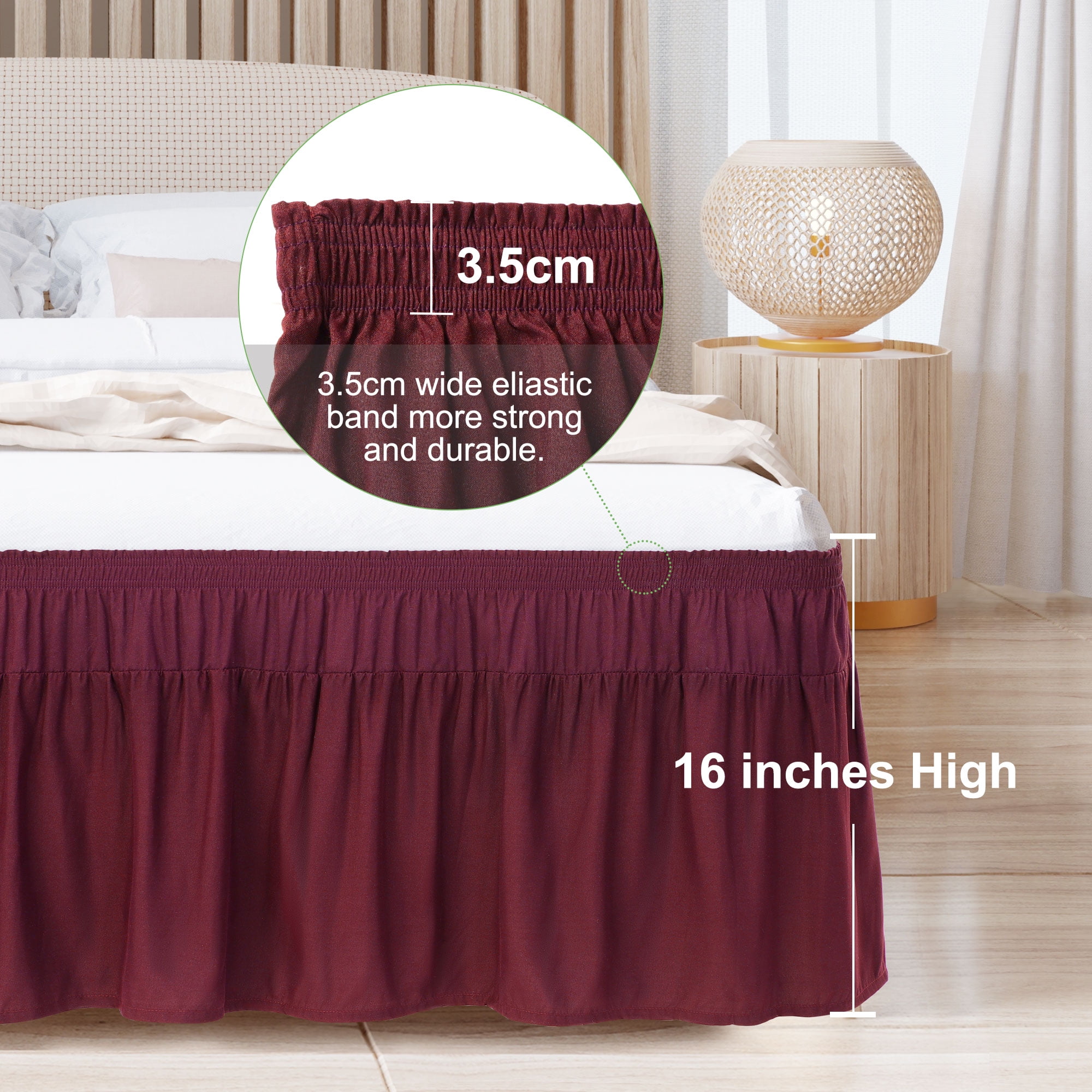 PiccoCasa Polyester Brushed Bed Skirt with Elastic Dust Ruffles 16" Drop, Queen Burgundy
