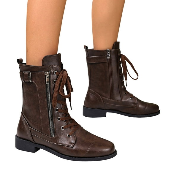 Mostsola Combat Boots Womens Low Heel Lace up Ankle Boots Fashion Zipper Retro Leather Booties