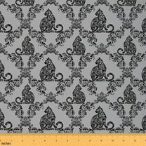 Feelyou Damask Flower Kids Fabric by the Yard 1 Yard, Black Grey Cat Home Decor Fabric by the Yard, Hippie Gothic Halloween Sewing Fabric, Breathable Home Decor