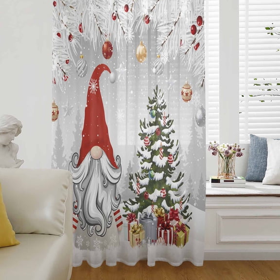 Grey Red Christmas Semi Sheer Curtains Drapes for Living Room,Bedroom,French Doors Window 72 Inches Long,Snowflake Gnomes Xmas Tree Winter Gifts Rod Pocket Chiffon Curtain Voile Drapery Panel