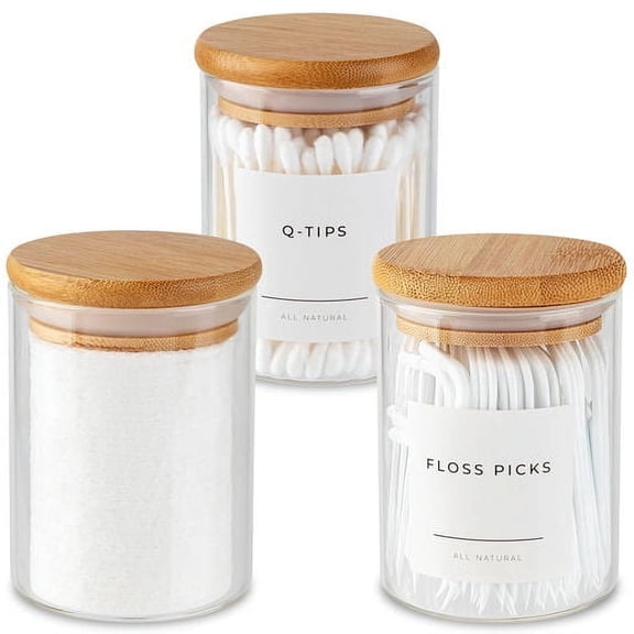 Vase and Vessel Mini Glass Apothecary Jars with Bamboo Lids, Set of 3, 10 oz