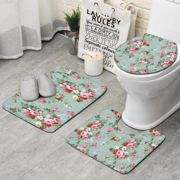 Pioneer Flower Floral Print Pattern Bathroom Rugs Sets 3 Piece,Toilet Cover Set,Absorbent Non Slip Bathroom Mats Sets with U-Shaped Contour Rug Toilet Rug Set