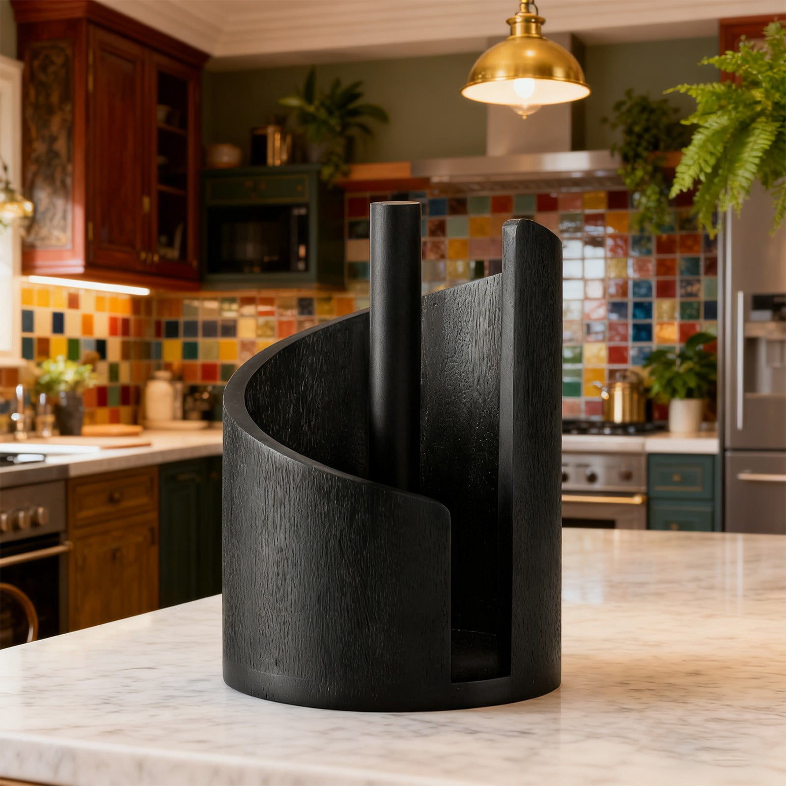 Mountain Paper Towel Holder Countertop with Mango Wood Round Base and Iron, Wood Paper Towel Holder Modern Spiral Cover Design, Mountain Themed Papers for Kitchen Bathroom (Black)