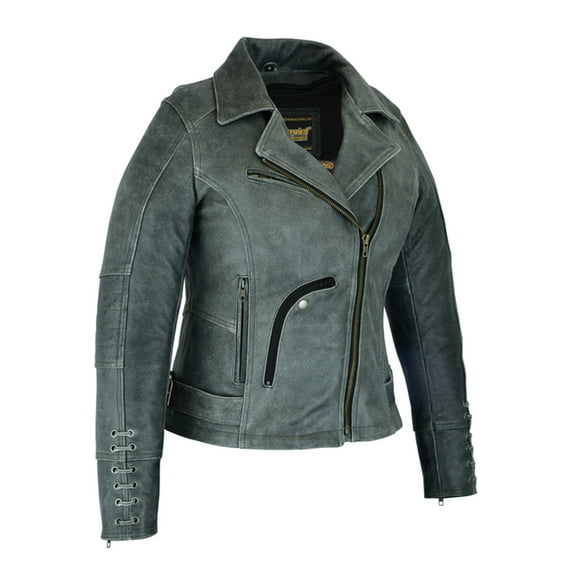 Daniel Smart XS to 4XL Women Motorcycle Leather Jacket Cowhide leather with unique Grey Grommet detailing