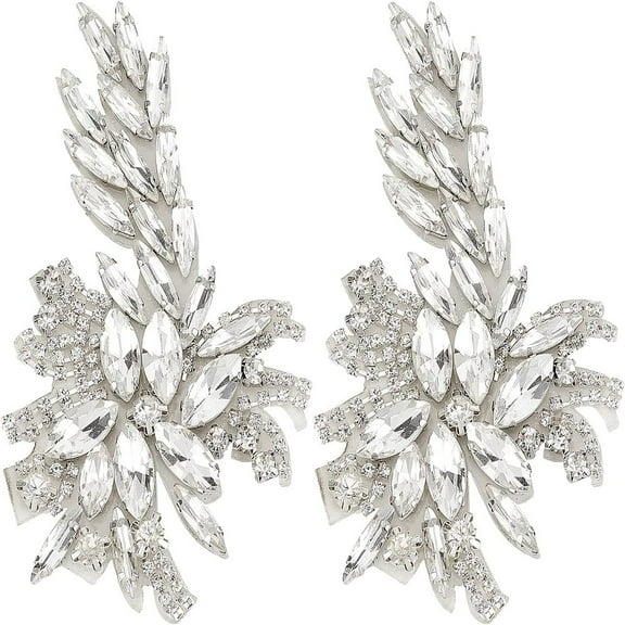 2pcs Flower Applique Patch (Platinum 10x5.5cm) Flower Leaf Glass Rhinestones Applique Sew on Patch Wedding Bridal Belt Applique DIY Embellishments for Costumes Shoes Glass