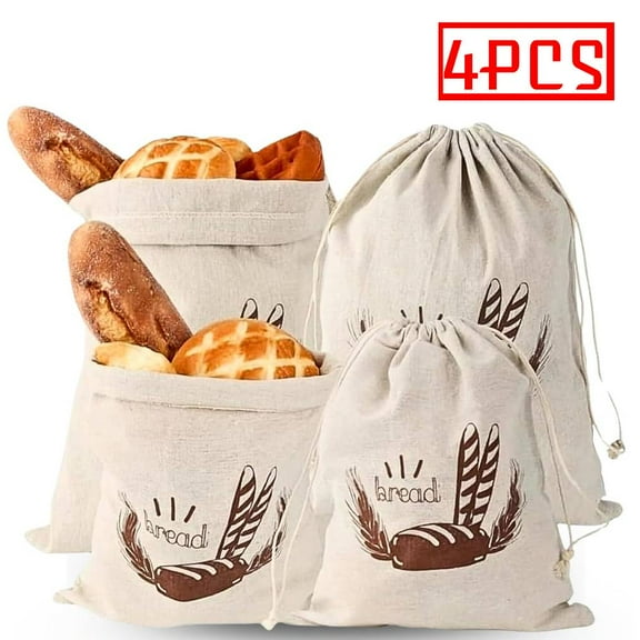 4 PCS Bread Bags, Bread Sack with Drawstring, Bread Bag Storage to Keep Fresh, 25x30cm/30x38cm Linen Bag, Reusable Linen Bag for Bread, Baguette, Fruit, Vegetables, 2 sizes