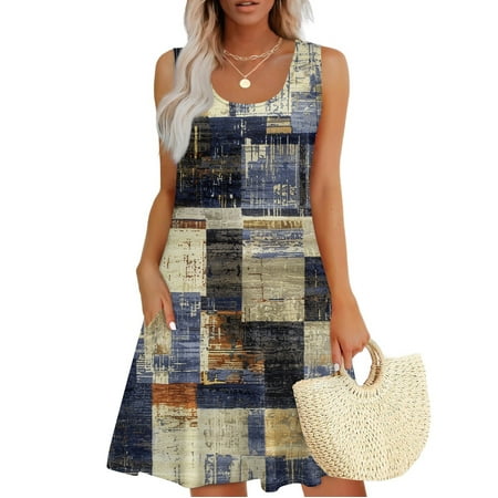 GXIPO Womens Summer Dresses U Neck Beach Dresses Vacation Casual Loose Sleeveless A Line Knee Length Dress Vintage Sun Dresses with Pockets Khaki M