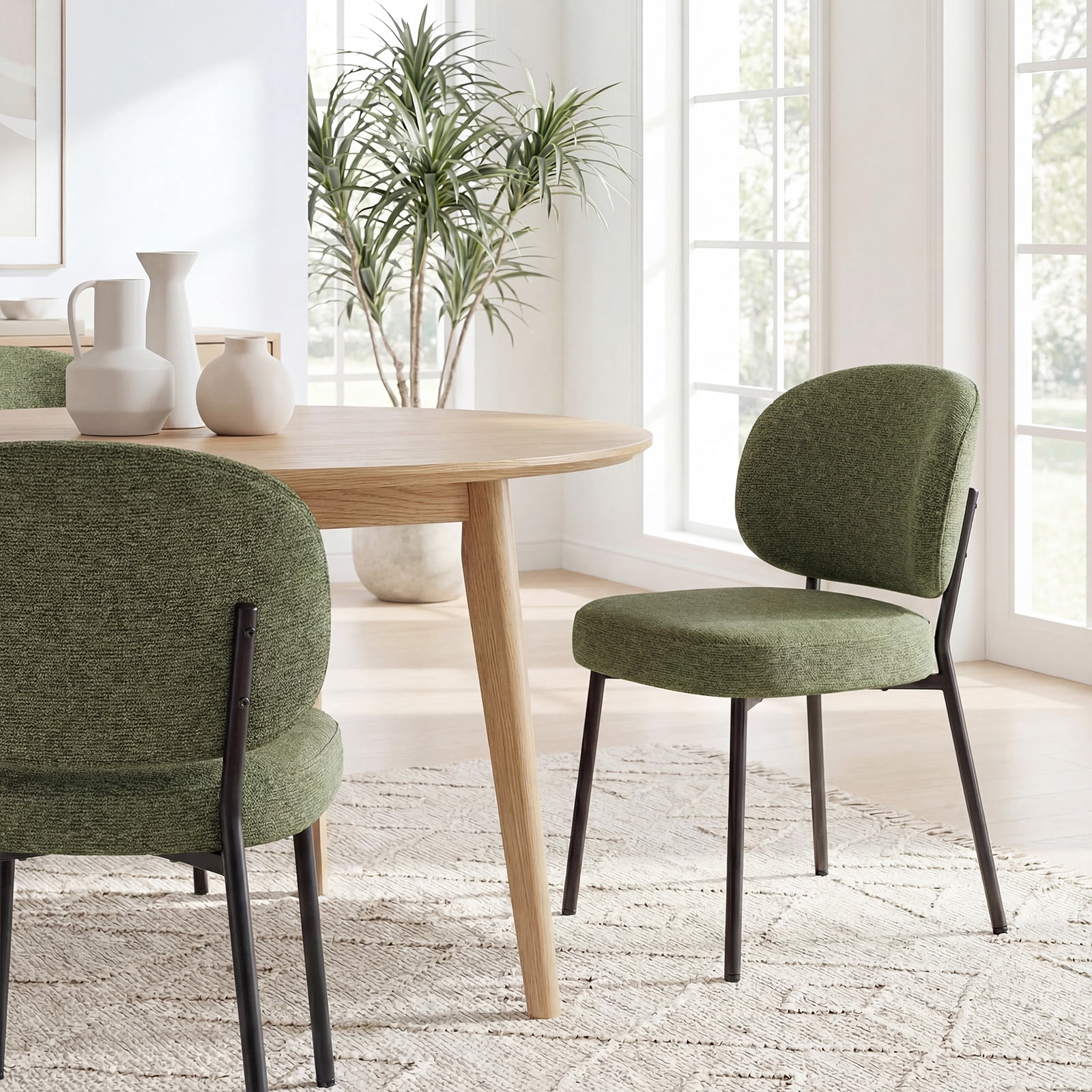 Set of 6 Upholstered Modern Dining Chairs, Mid Century Kitchen Chairs with Curved Backrest and Metal Legs for Dining Room, Living Room, Green