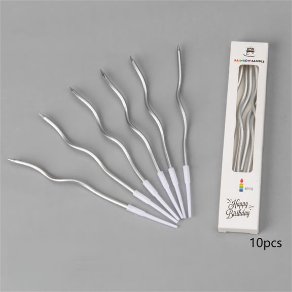 10 Pcs Long Thin Curvy Birthday Candles, Decorative Spiral Cake Candles for Wedding Party, Elegant Wavy Cake Toppers for Celebration Supplies, Party Decorations,Silver