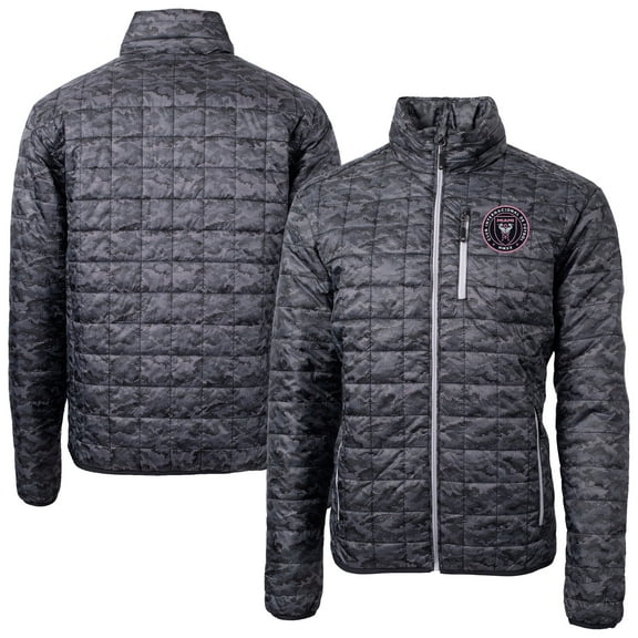 Men's Cutter & Buck Black Inter Miami CF Rainier PrimaLoft- Eco Insulated Printed Full-Zip Hoodie Puffer Jacket
