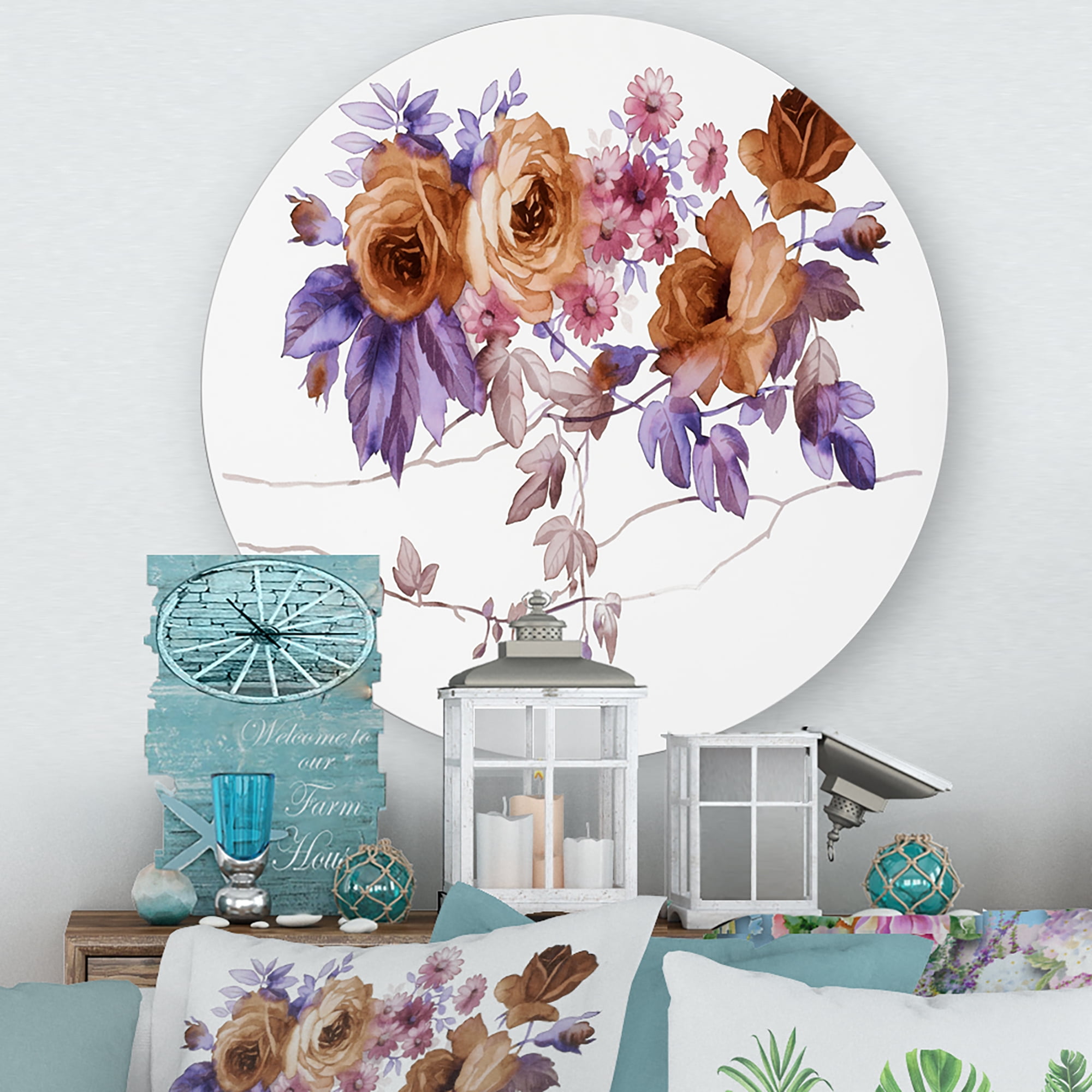Designart 'Purple Wildflowers On White IV' Traditional Circle Metal Wall Art 23x23 - Disc of 23