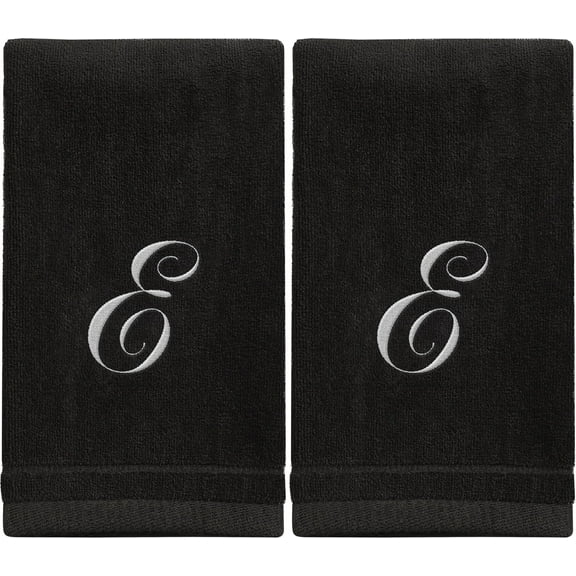 Monogrammed Towels Fingertip, Personalized Gift, 11 x 18 Inches - Set of 2 White Embroidered Towel - Extra Absorbent 100% Cotton - Soft Velour Finish - For Bathroom/ Kitchen/ Spa - Initial E (Black)