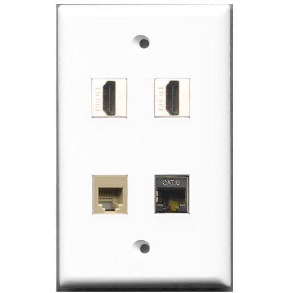 RiteAV - 2 Port HDMI 1 Port Phone RJ11 RJ12 Beige 1 Port Shielded Cat6 Ethernet Wall Plate