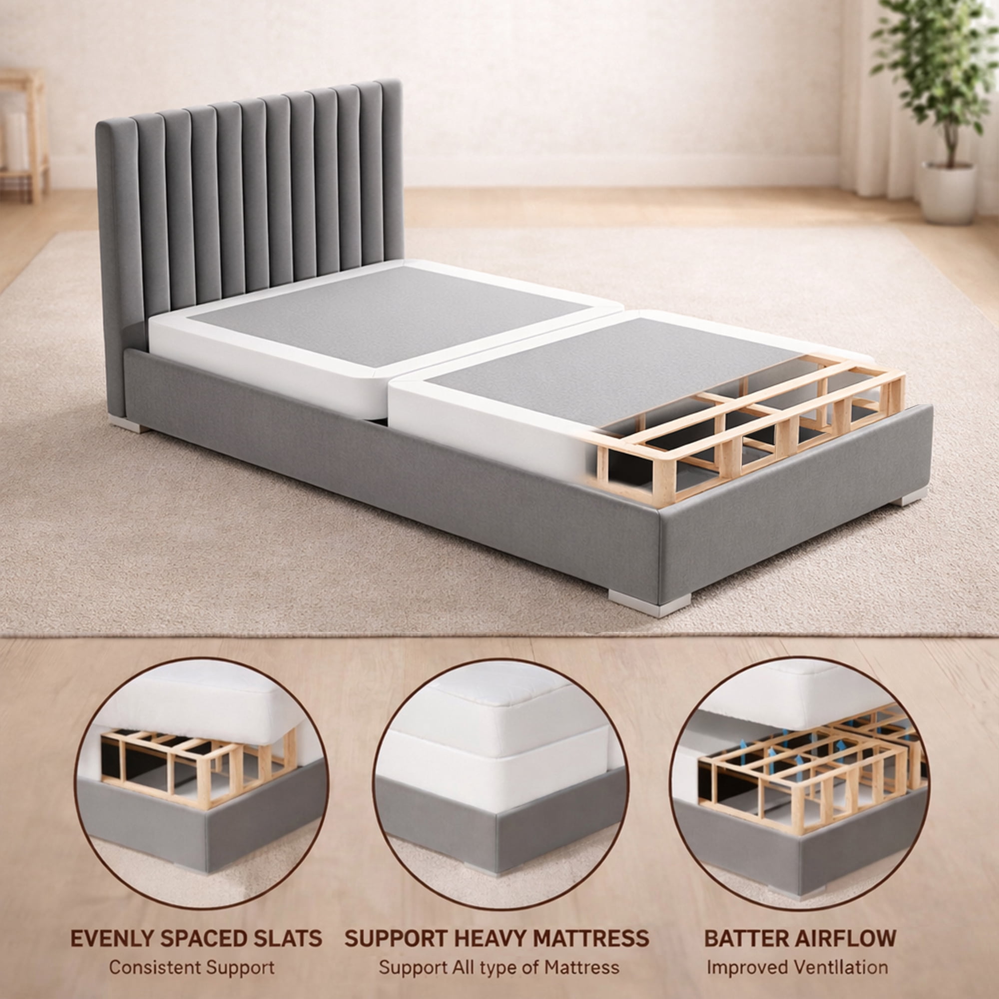 Continental Sleep, Box Spring Bed Base Twin Size, 1.5-Inch Wood Mattress Foundation, Quiet Noise Free, 2-Pieces Under Mattress Support BoxSpring, Fully Assembled, White