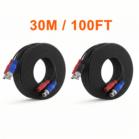 2 Pack 30 m / 100 ft All-in-One Video Power Cable, Bnc Extension Surveillance Camera Cable for Cctv Security Dvr System Installation