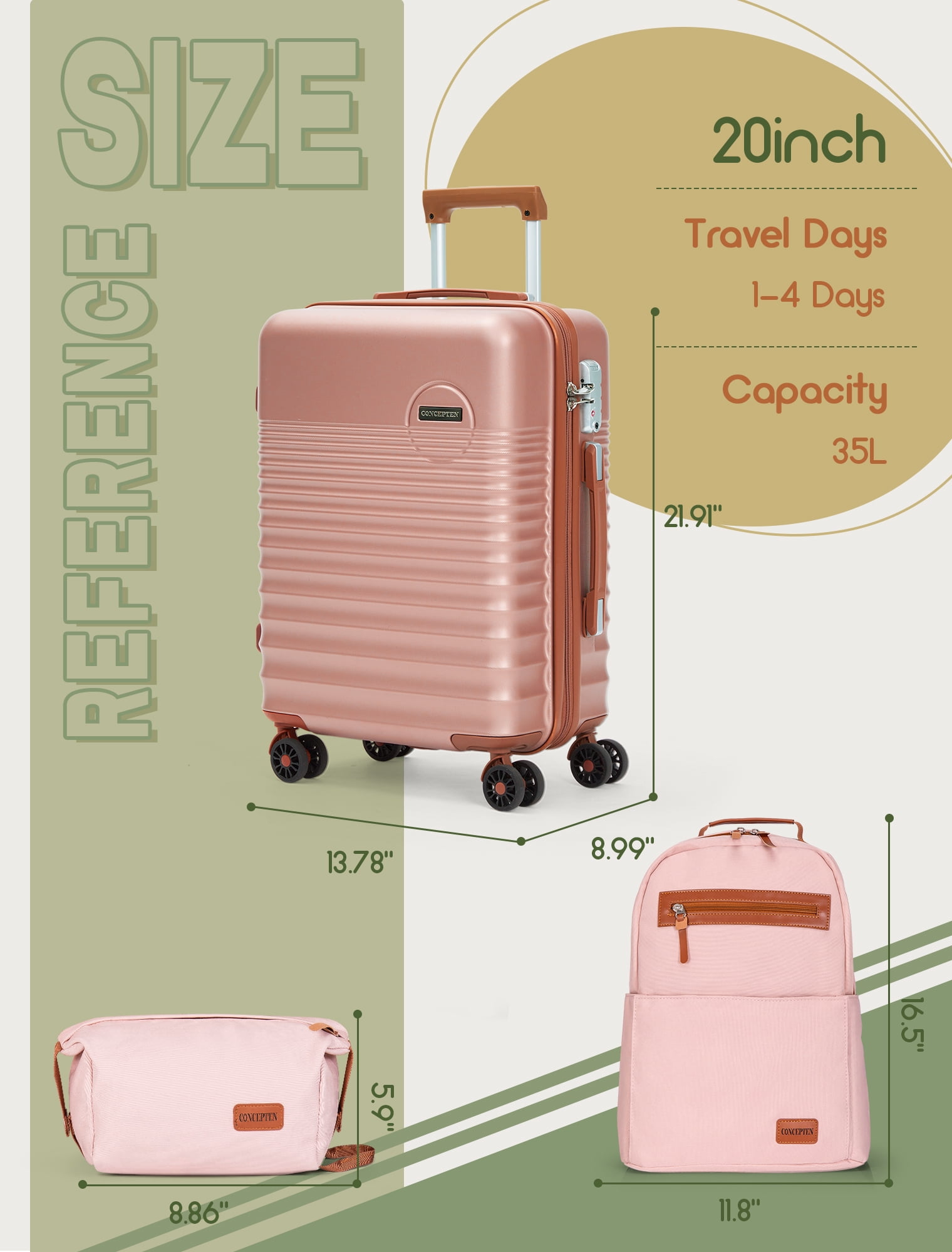 CONCEPTEN 3-Piece Carry on Luggage Set, 20 Inch Airline Approved Hardshell Suitcase with Spinner Wheels, Lightweight ABS Travel Luggage with TSA Lock, Backpack & Toiletry Bag,Champagne