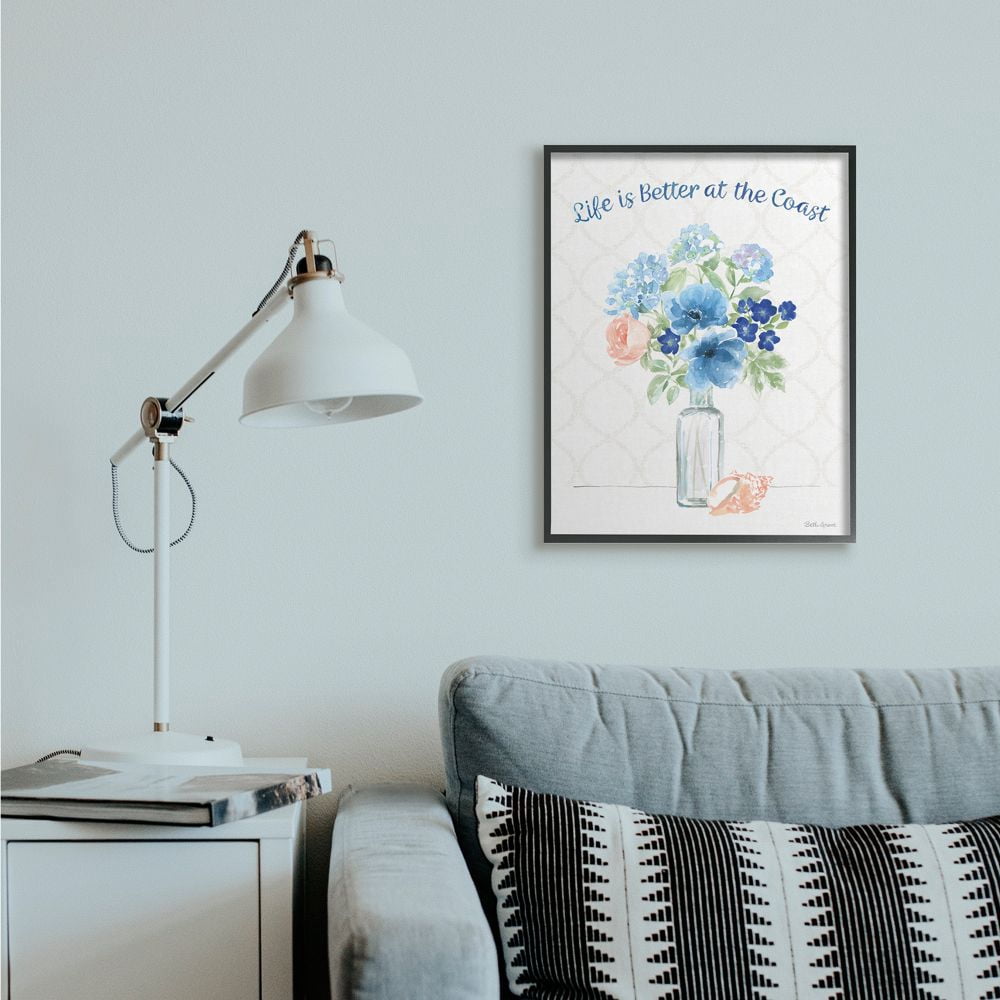Stupell Industries Better at the Coast Nautical Floral Arrangement Greeting Framed Wall Art Design by Beth Grove, 24" x 30", Black Framed