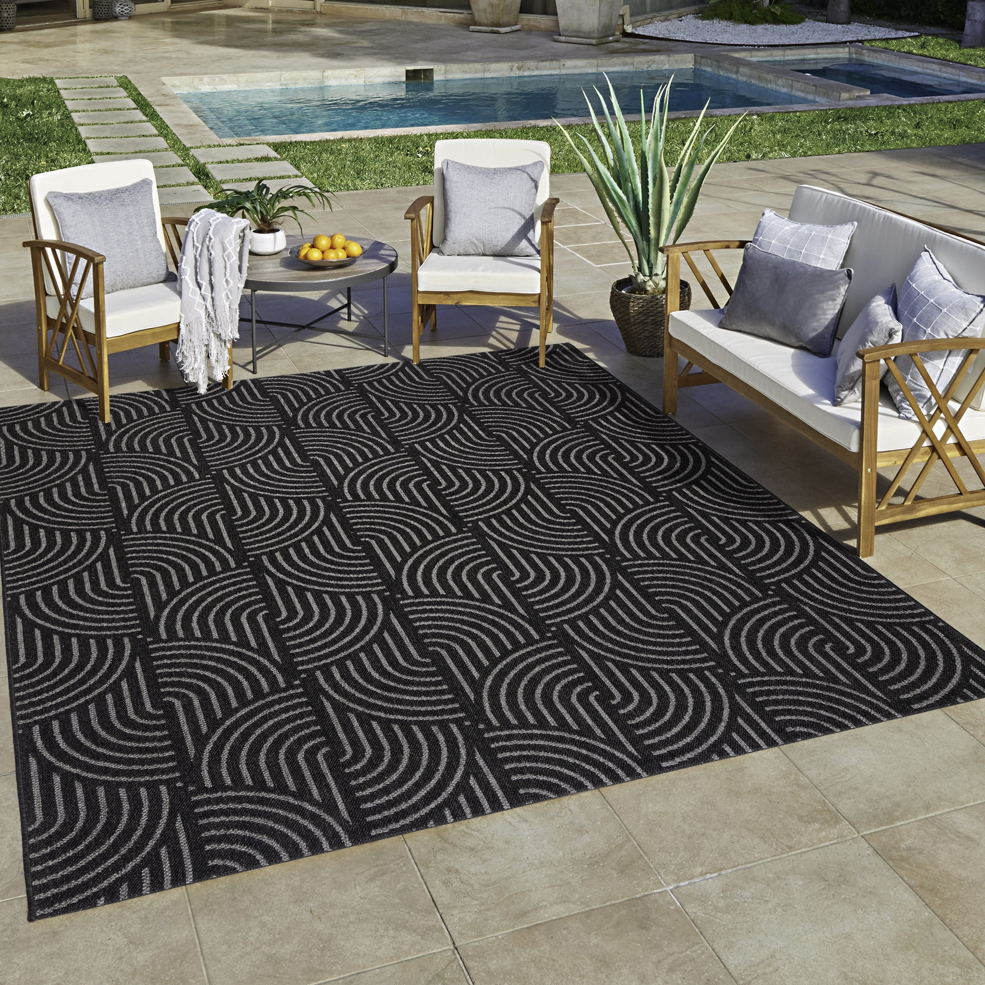 Savara Nima Indoor/ Outdoor Polypropylene Black Flat Weave Area Rug, 6x9
