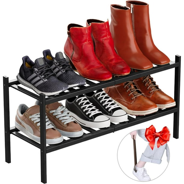 Zapatero de bambú de 2 niveles para la entrada de la puerta principal con calzador, organizador de zapatos apilable, estante para zapatos para la entrada, el pasillo, el baño y el armario,