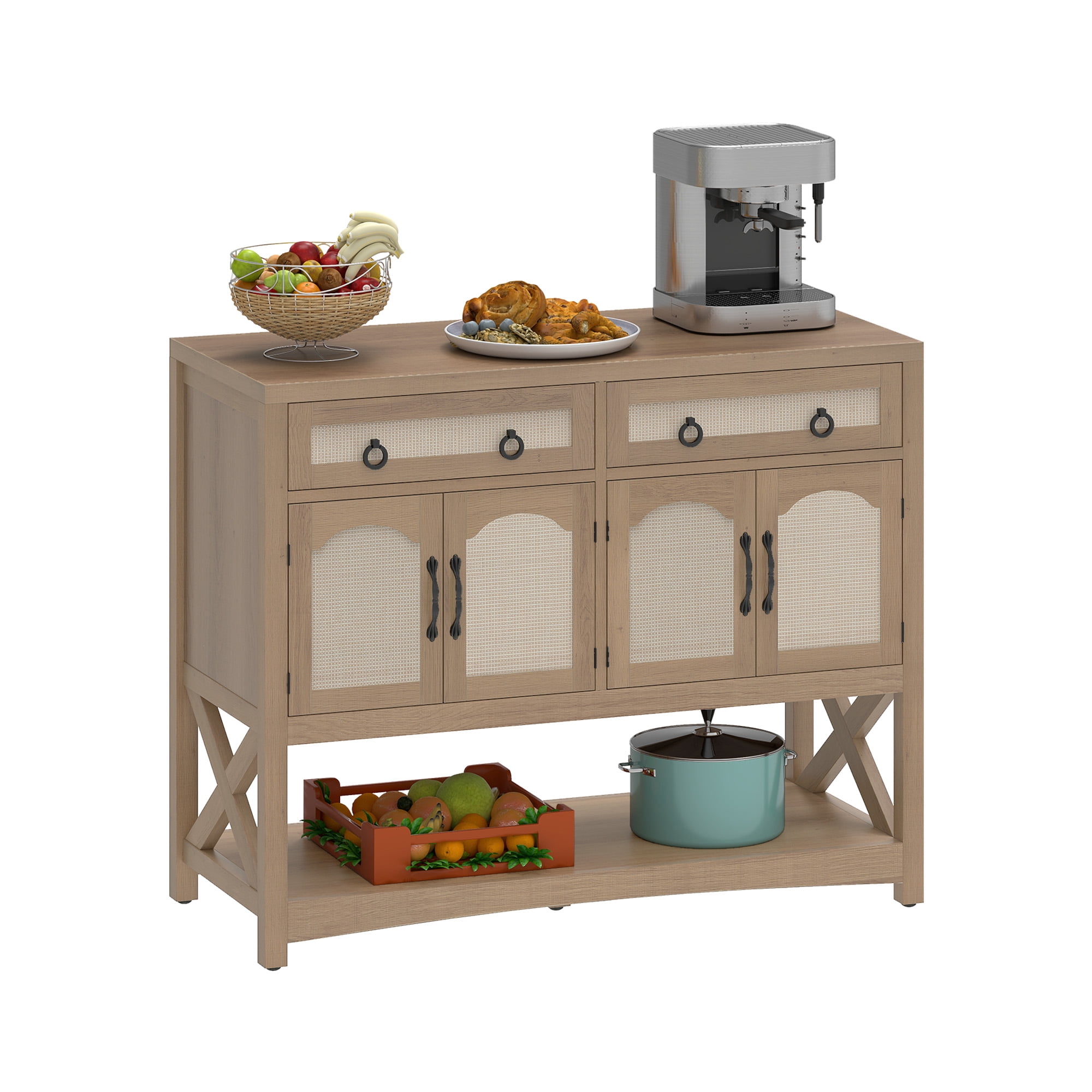 Uforic Buffet Storage Cabinet with Drawers & Doors, 47.2" Kitchen Cabinet with Adjustable Shelves, Oak