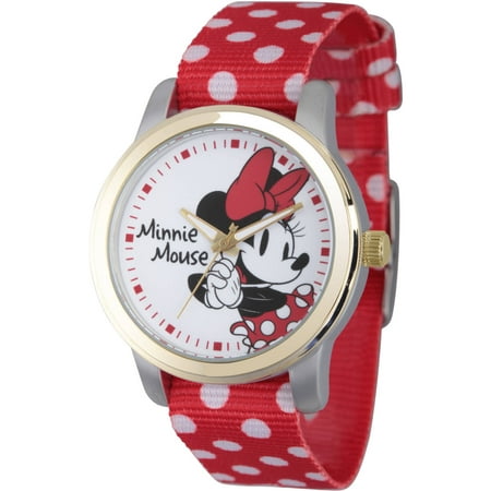 Disney Minnie Mouse Women's Two-Tone Alloy Watch, Double-Sided Red Polka Dot and Solid Red Nylon Strap