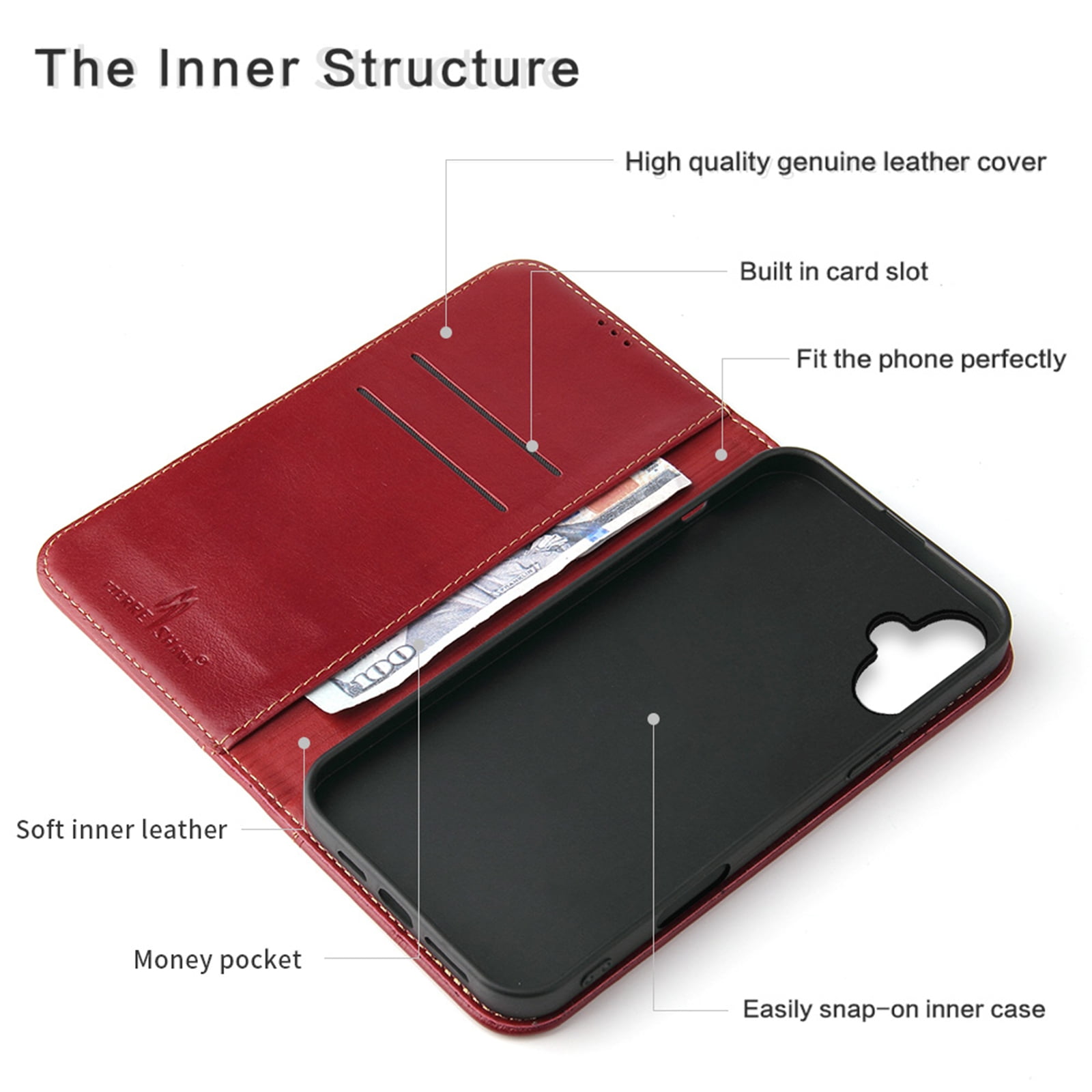 TECH CIRCLE for iPhone 17 Classic Wallet Case, Genuine Leather Magnetic Closure Book Folding Flip Leather Case with Card Holder Kickstand TPU Shockproof Protective Phone Cover,Red