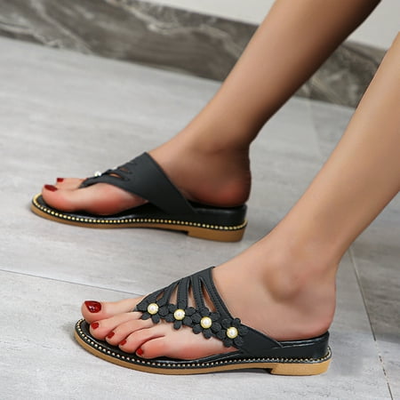 

〖Yilirongyumm〗 Black 38 Slippers For Women Feet Large Bottomed Outside Diamond Hollow Flat Herringbone Slippers Women s Slipper