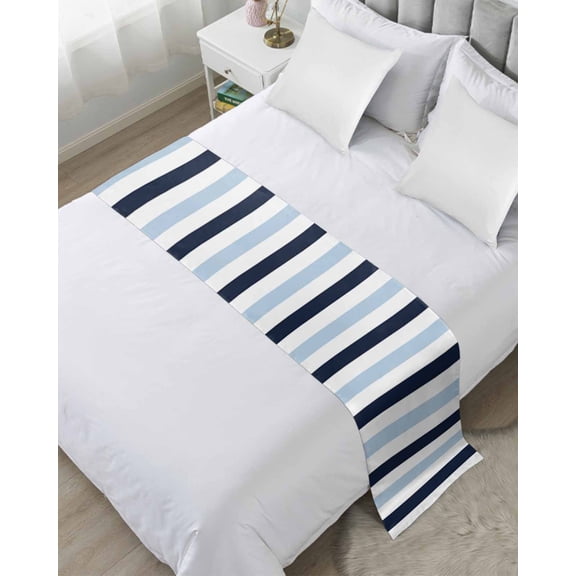 Bed Runner Scarf King Size, Navy Blue Aqua Striped Stain Bed Runners & Scarves for Foot of Beds, Farmhouse Stripe Art Decorative Bedding Runner Scarf for Hotel Home Bedroom