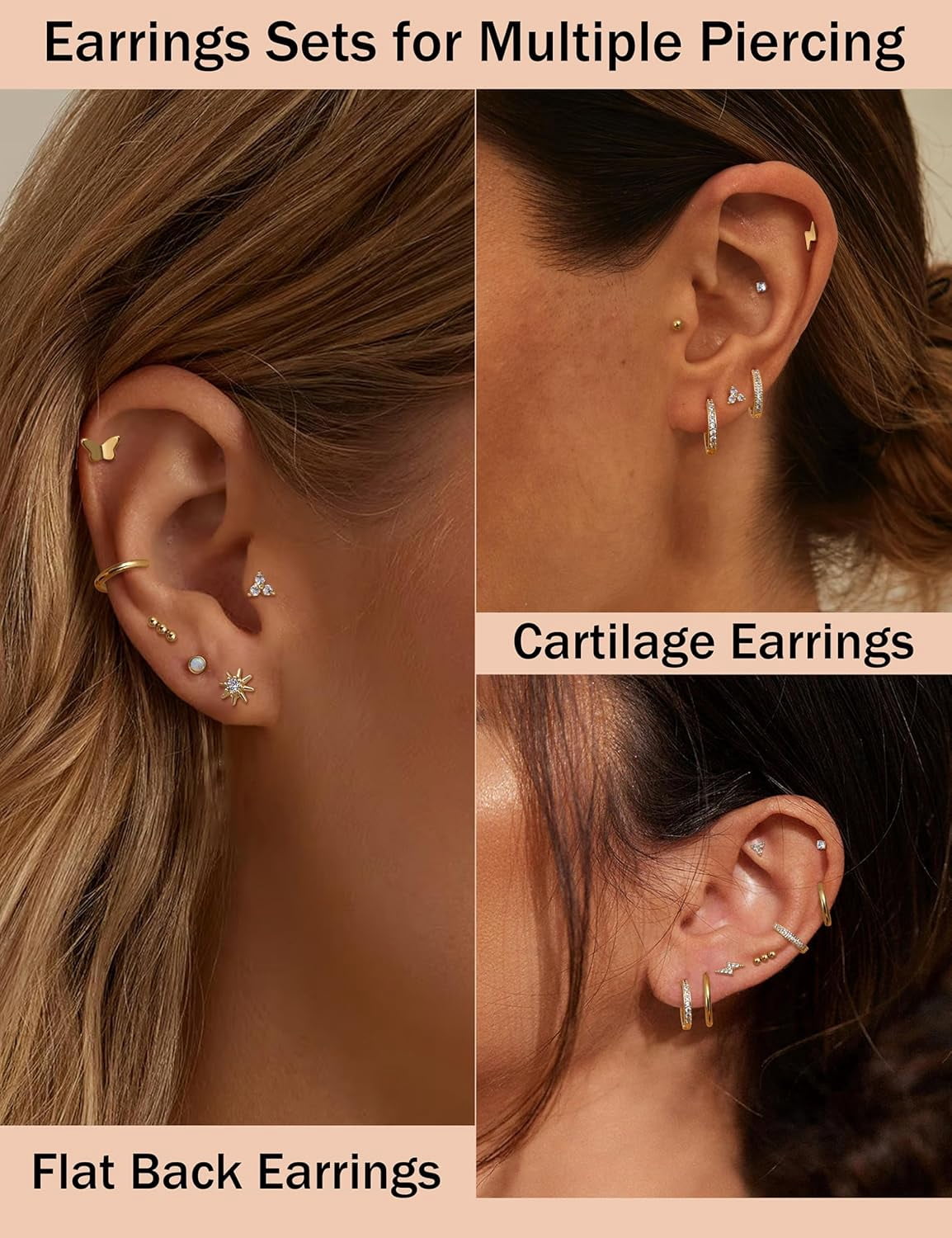 14Pairs Flat Back Fine Silver Gold Earrings for Women Set Non-Allergenic Surgical Steel Stud Hoop Cartilage Earring Stack Ear Conch Daith Tragus Helix Piercing Jewellery[h916]