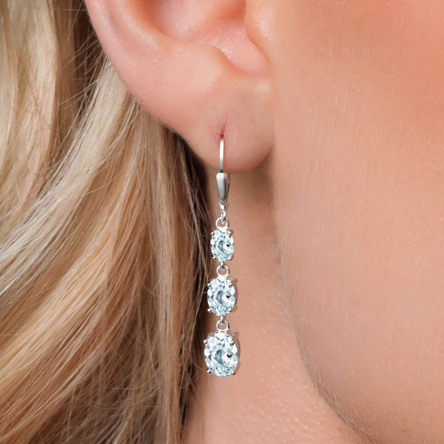 Gem Stone King 925 Sterling Silver Sky Blue Aquamarine 3 Stone Dangle Earrings for Women (4.90 Cttw, Gemstone March Birthstone, Oval 8X6MM, 7X5MM and 6X4MM)