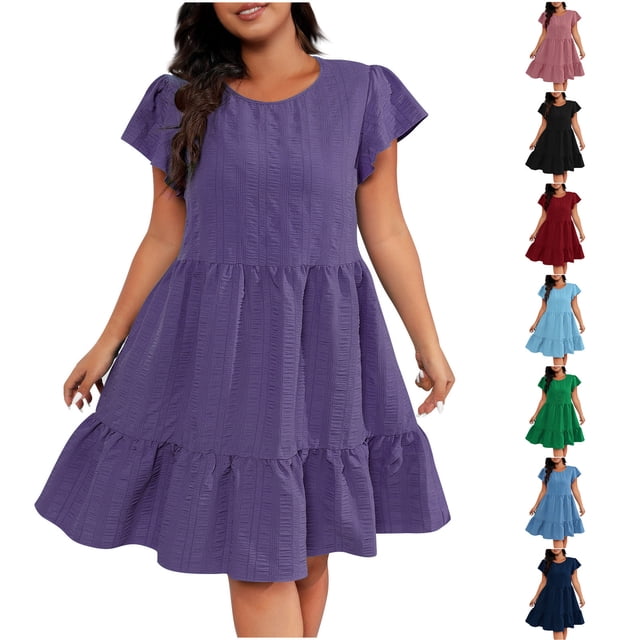 Gspmoly Robes Grande Taille pour Femmes aux Formes, Mode Robe d'Été pour Femmes Unie à Bretelles, Manches Courtes, Col Rond, Robes d'Été pour Femmes jusqu'à 70 % de Rabais